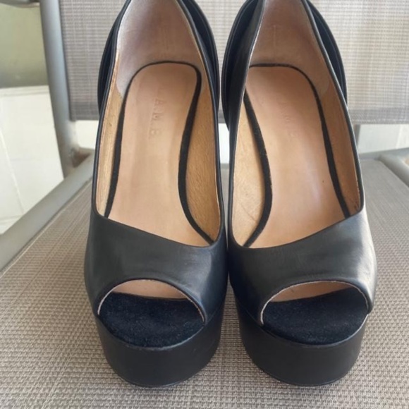 L.A.M.B. Black Leather Amour Wedge Cut Out Platform Heels - Picture 6 of 9